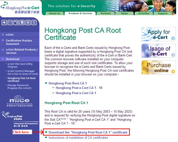 To install Hongkong Post Root CA Certificate (1)