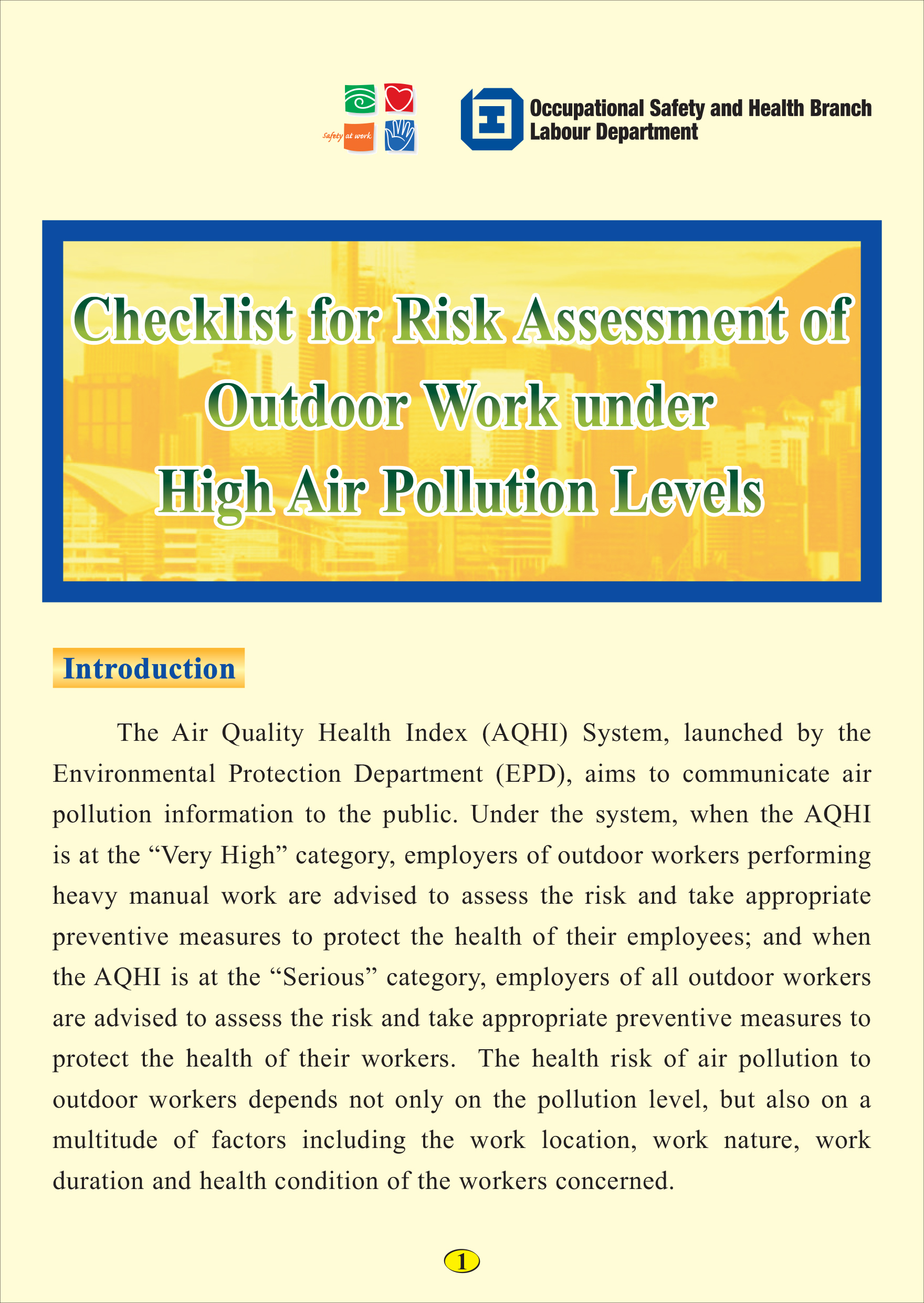 Checklist for Risk Assessment of Outdoor Work under High Air Pollution Levels (published by the Labour Department)