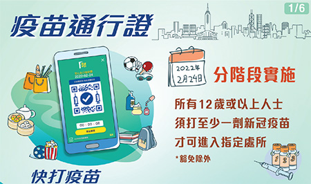 政府於二零二二年二月二十四日開始分階段實施「疫苗通行證」，鼓勵更多人接種疫苗，同時讓香港市民安全恢復正常生活。 政府資訊科技總監辦公室推出「驗證二維碼掃瞄器」，幫助處所管理人快捷分辨進場人士是否符合「疫苗通行證」要求。 此外，「安心出行」流動應用程式亦推出更新版本，加入自動顯示電子疫苗接種紀錄功能，方便市民進入「疫苗通行證」指定處所。