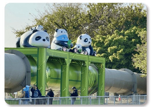 一段東江水輸水管特別布置成竹子，並裝上大熊貓和水務署吉祥物「滴惜仔」大熊貓造型裝置，吸引市民到場「打卡」。