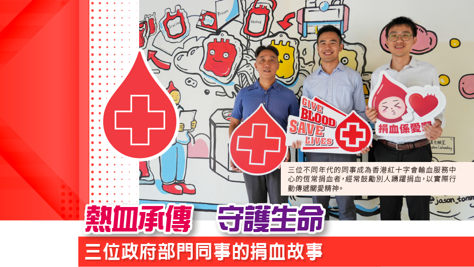 熱血承傳 守護生命<br>三位政府部門同事的<br>捐血故事，三位不同年代的同事成為香港紅十字會輸血服務中心的恆常捐血者，經常鼓勵別人踴躍捐血，以實際行動傳遞關愛精神。