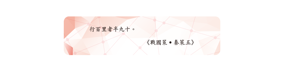 行百里者半九十。
《戰國策•秦策五》 行百里者半九十。
《戰國策•秦策五》