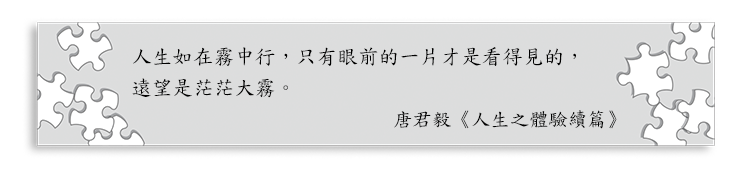 人生如在霧中行，只有眼前的一片才是看得見的，遠望是茫茫大霧。
唐君毅《人生之體驗續篇》